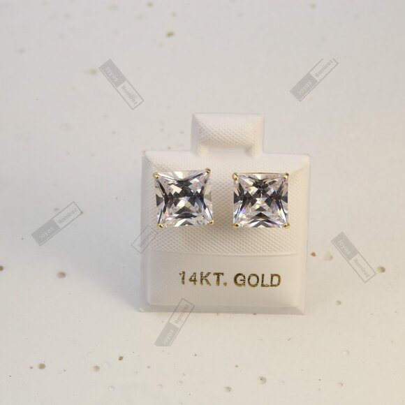14K Solid Gold Earrings · Clear Square-Cut Cubic Zirconia · 8 mm. - Picture 1 of 6